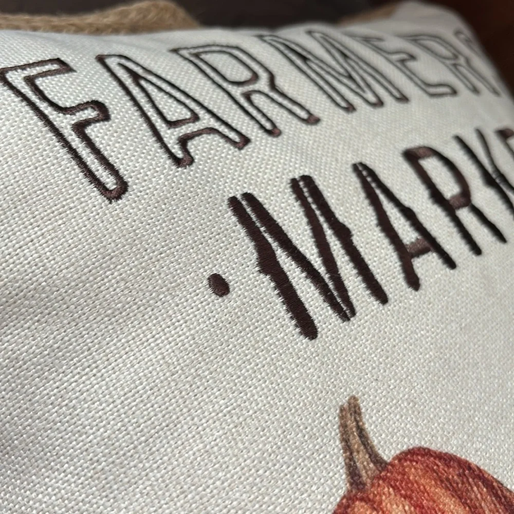 THRO Duck Feather Fill,zipper,embroidered,jute trim,Farmers Market Pumpkin,Fall
